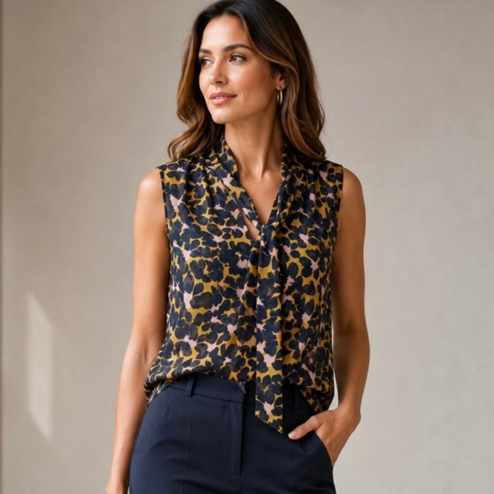 CAbi Size M Flynn Blouse Top Sleeveless Neck Tie Floral Print Semi Sheer